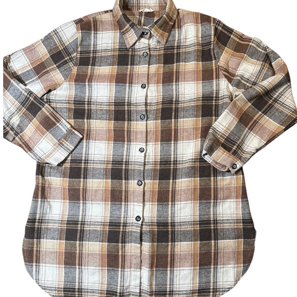 Adora Long Sleeve Button Down Women's Plaid Shacket Size in Brown and Beige